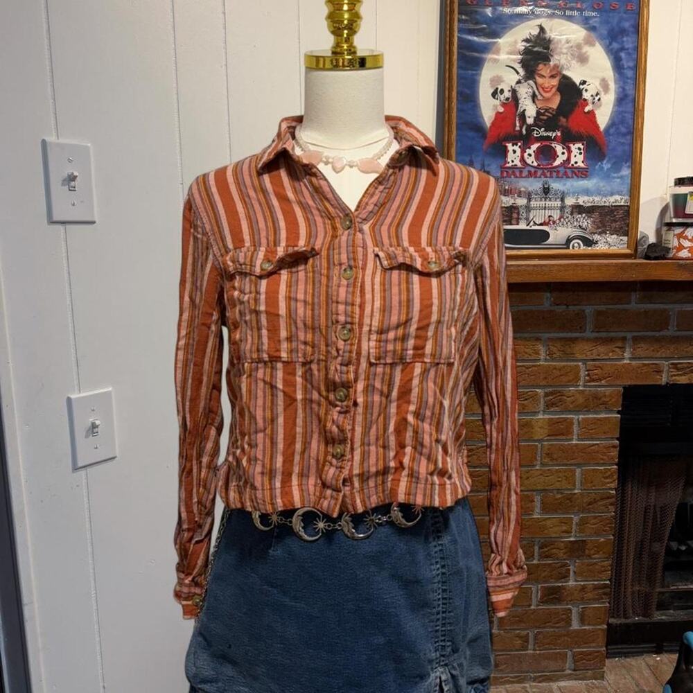 Aeropostale orange and brown striped button up shirt size XS